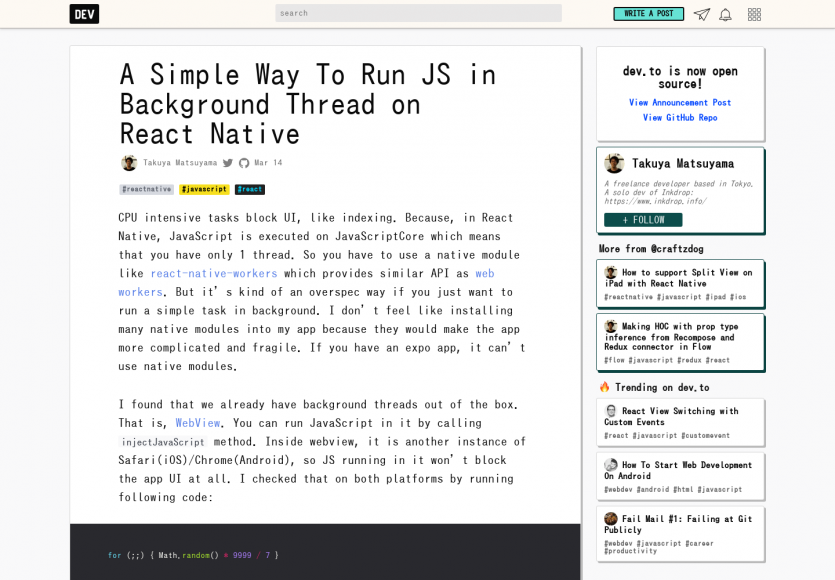 Exécutez facilement du Javascript dans un thread en background en React Native