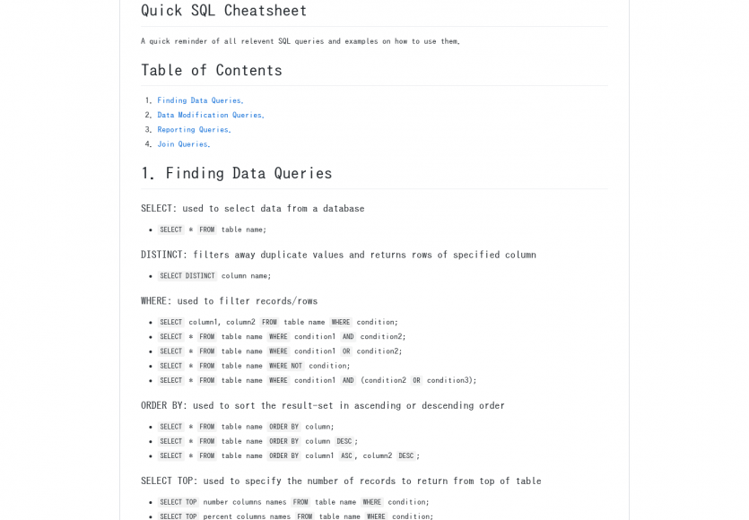 Quick SQL Cheatsheet : récap des différentes fonctions SQL et formulation de requêtes