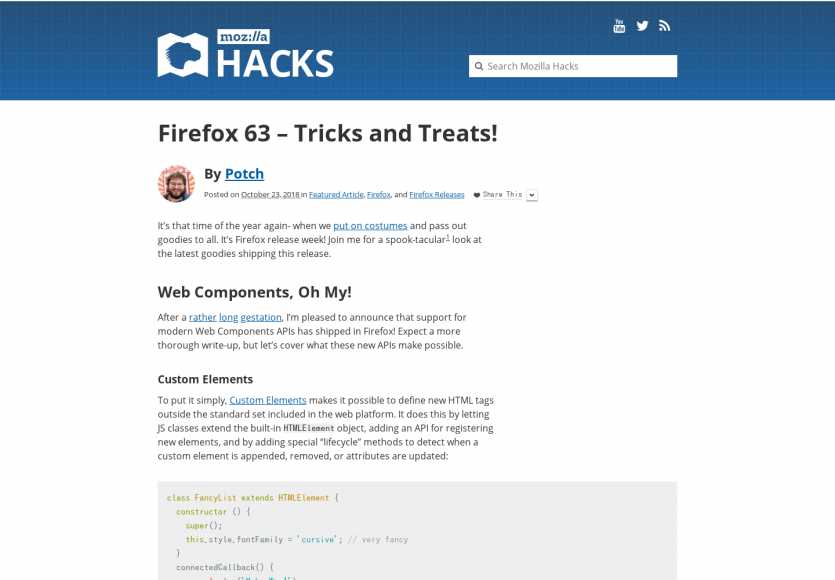 Firefox 63: Les dernières nouveautés embarquées dont une API moderne pour créer des Web Components