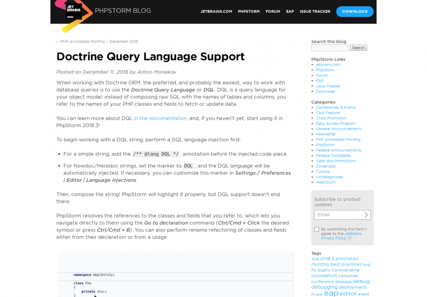 Le support du DQL (Doctrine Query Language) dans phpStorm