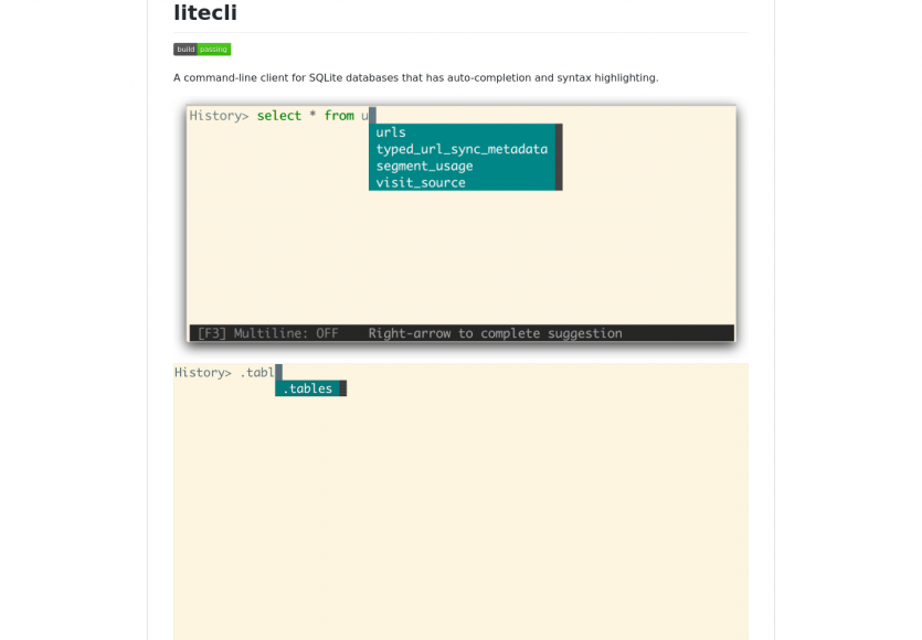 Litecli : un CLI pour manipuler vos bases SQLite avec autocomplétion et coloration syntaxique