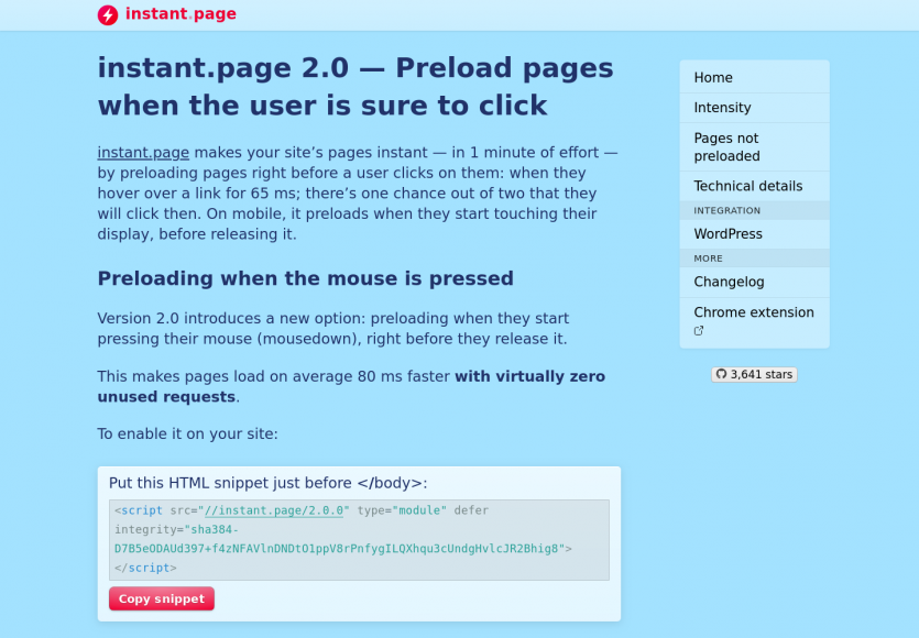 Instant Page : préchargement de page juste avant que le visiteur ne clique sur le lien