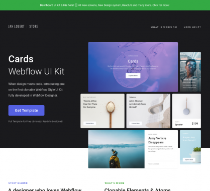 Cards: Un Kit UI de cards pour l'outil Webflow prêt à être cloné et dispo en Sketch