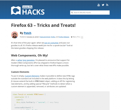 Firefox 63: Les dernières nouveautés embarquées dont une API moderne pour créer des Web Components
