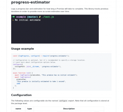 Progress-estimator : ajoutez une progress bar avec un temps estimé vs réel passé dans vos tâches en console 