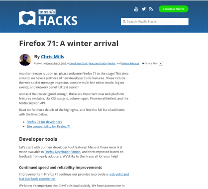 Firefox 71 : les nouveautés Developer Tools, CSS et Javascript du navigateur